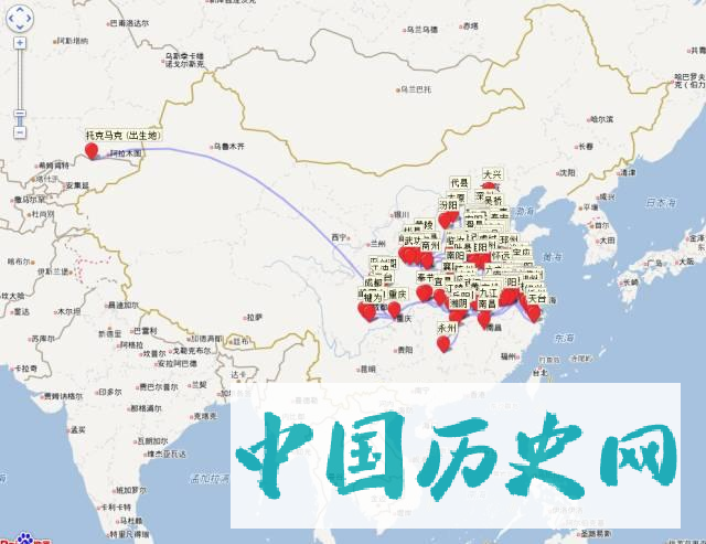 〓 李白出游路线（图片来源：王兆鹏《唐宋文学编年地图》）