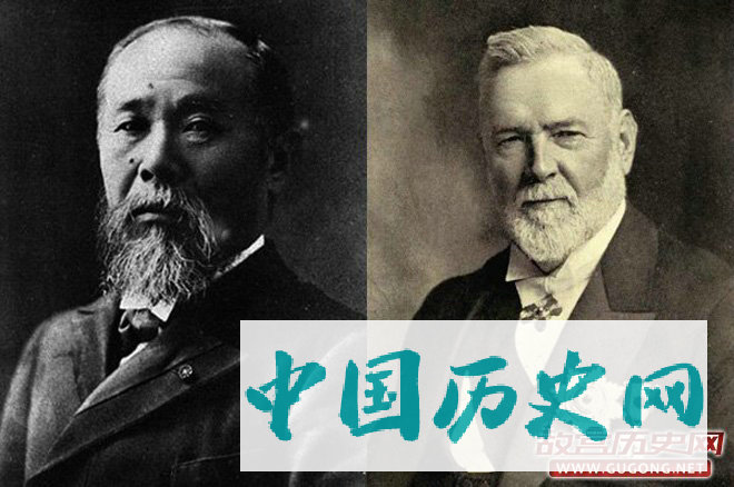 左：伊藤博文，右：李提摩太。戊戌年康有为曾异想天开与二人商议“中日合邦”，并奏折报告光绪