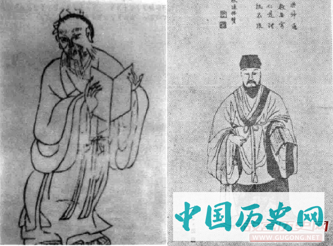 图7：左，明代木刻《伤寒论》中的张仲景像。右，乾隆年间余浚明绘张仲景像，原载木村博昭著《伤寒论讲义》卷首。